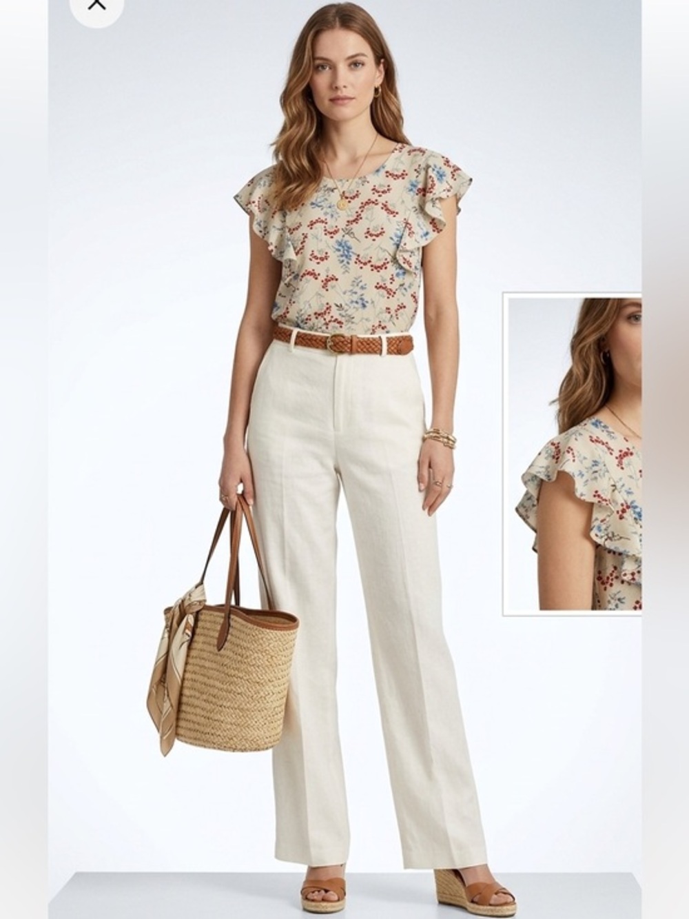 Cleo Light Beige Floral Priny Ruffle Sleeve Blouse Size Small